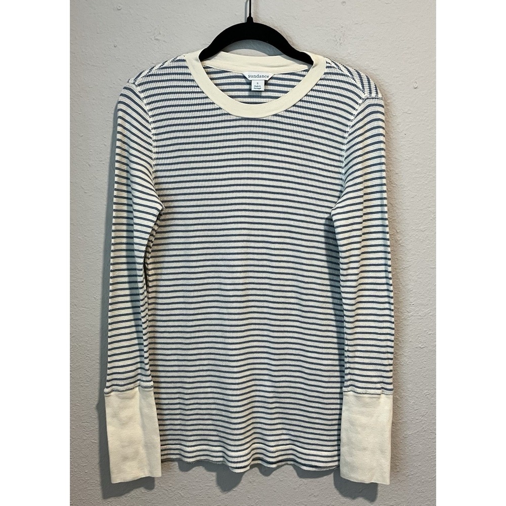 Sundance Womens Thermal Top Button Cuff Size Small Blue Cream Striped Long Slv